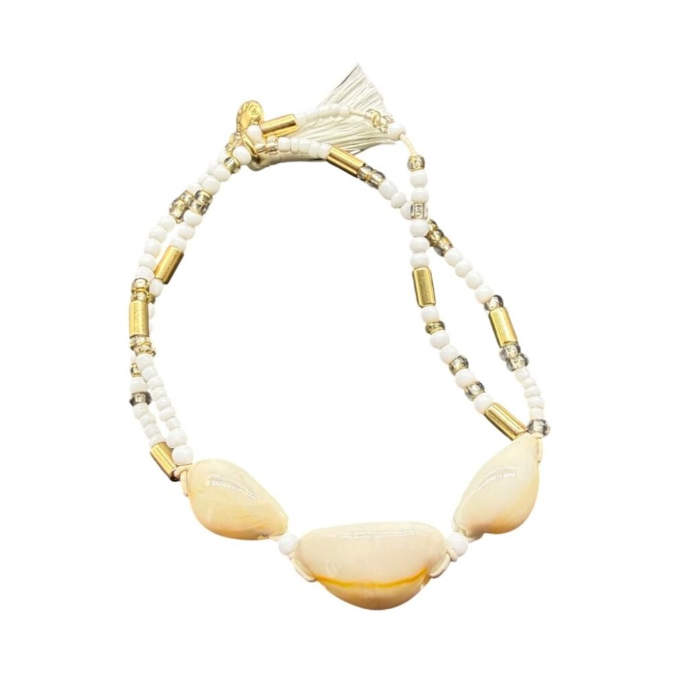 J. CREW Bracelet Seashell Beaded Beach Bohemian Signed Gold Tone